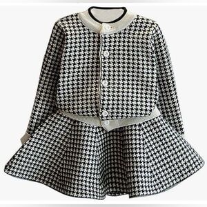 Adorable Houndstooth Sweater Skirt Set Cardigan Knit Warm Cozy Winter Fall